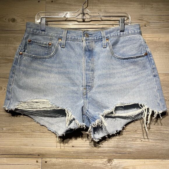 Levis 501 Cutoff Denim Jean Shorts Premium Big E Womens 32 High Rise Button-Fly - Picture 1 of 12